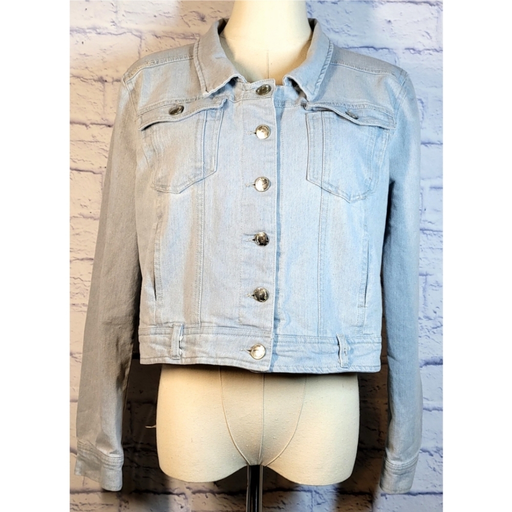 Lane Crawford Therapy Women's Blue Denim Jean Jacket L Cropped Buttons Pockets